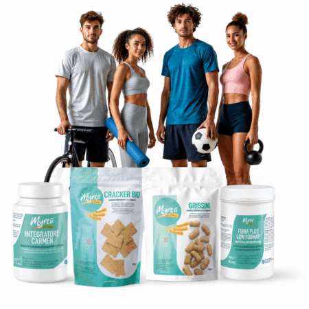 Box dello Sportivo Myrea con prodotti low FODMAP per sportivi: integratori, cracker bio, grissini e fibra plus.