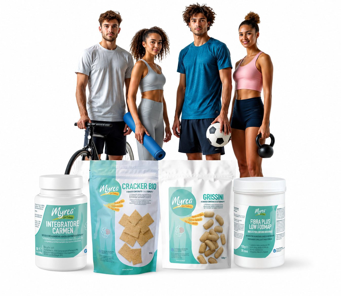 Box dello Sportivo Myrea con prodotti low FODMAP per sportivi: integratori, cracker bio, grissini e fibra plus.